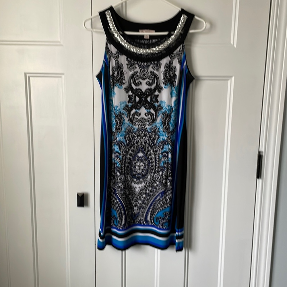 Dress Barn Blue and Black Dress with Silver Neck Embellishments Size 4 Petite